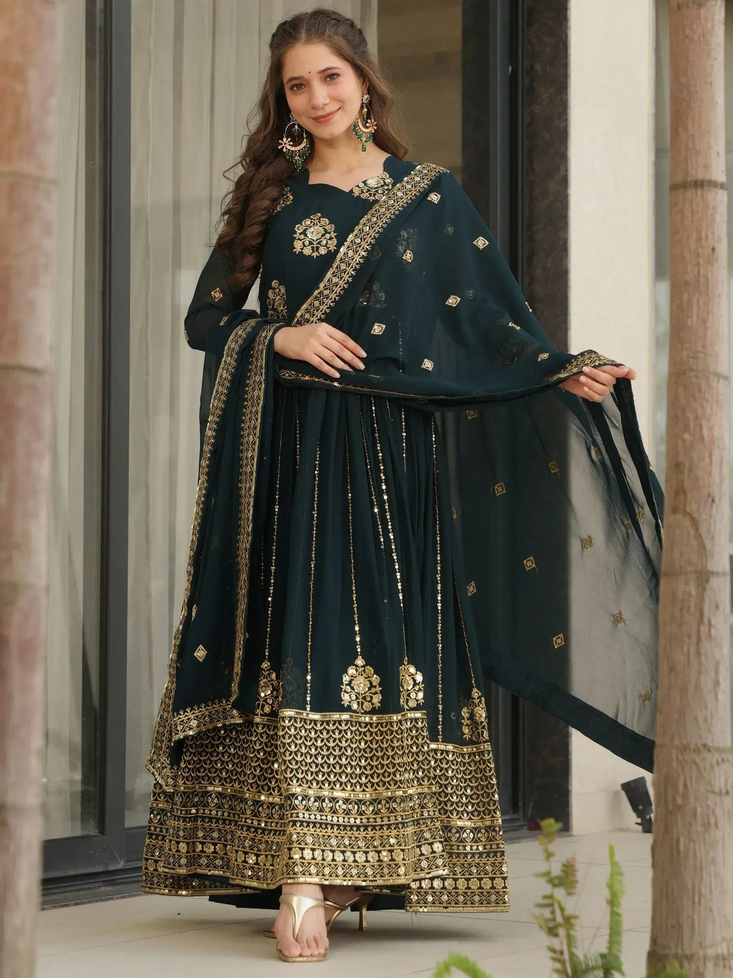 Intricate Georgette Sequins Embroidered Gown With Dupatta