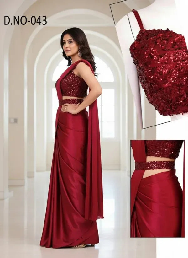 Embroidered Embellished Pre Draped Ready to Wear Lycra Saree Maroon