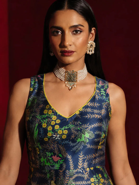 Women Navy Floral Sleeveless Anarkali Maxi Kurta