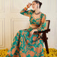 Women Green & Mustard Floral Anarkali Skirt With Crop Top