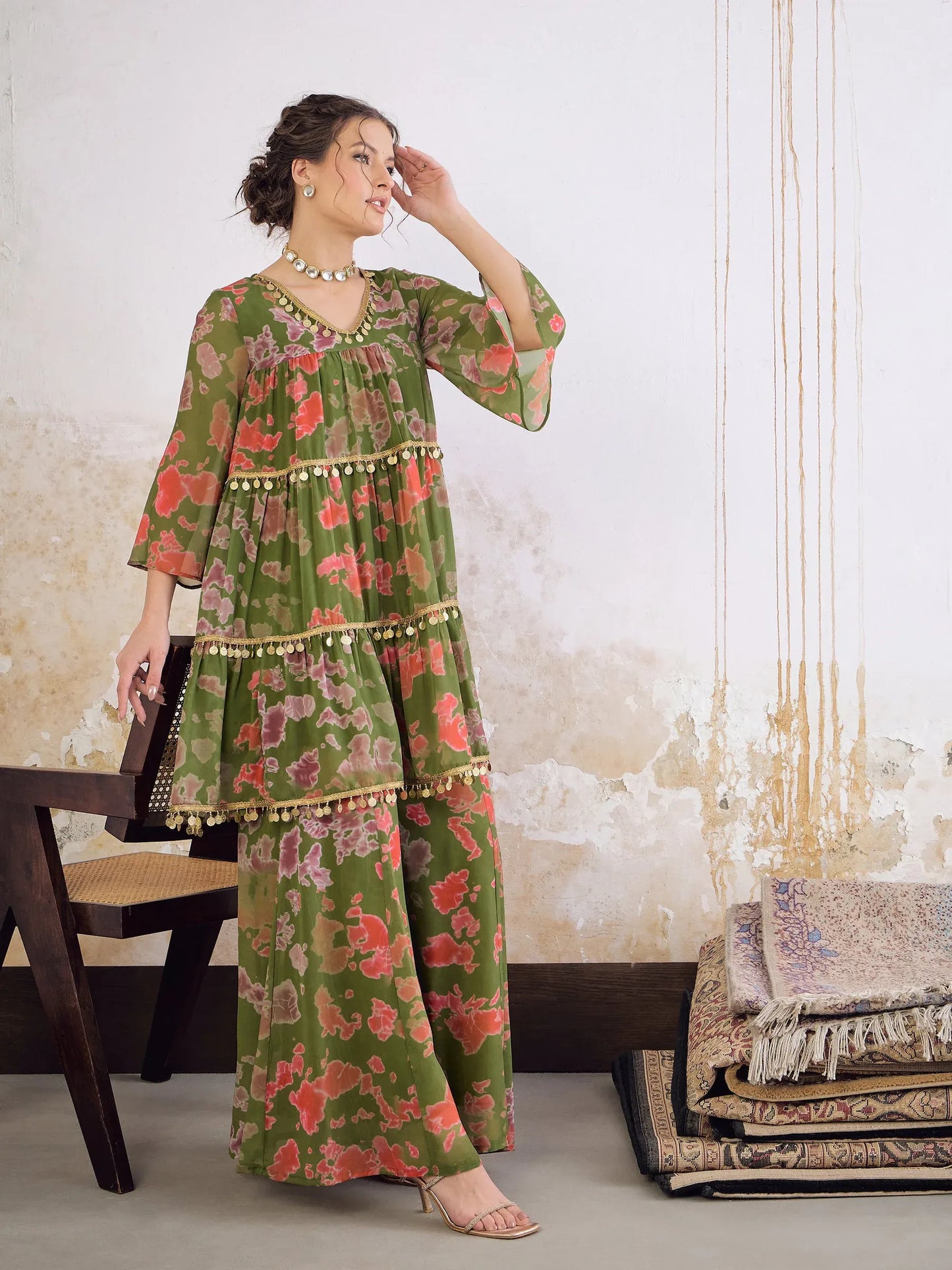 Women Orange/Green Tie & Dye Coin Lace Tired Kurta With Sharara Pants