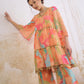 Women Orange/Green Tie & Dye Coin Lace Tired Kurta With Sharara Pants