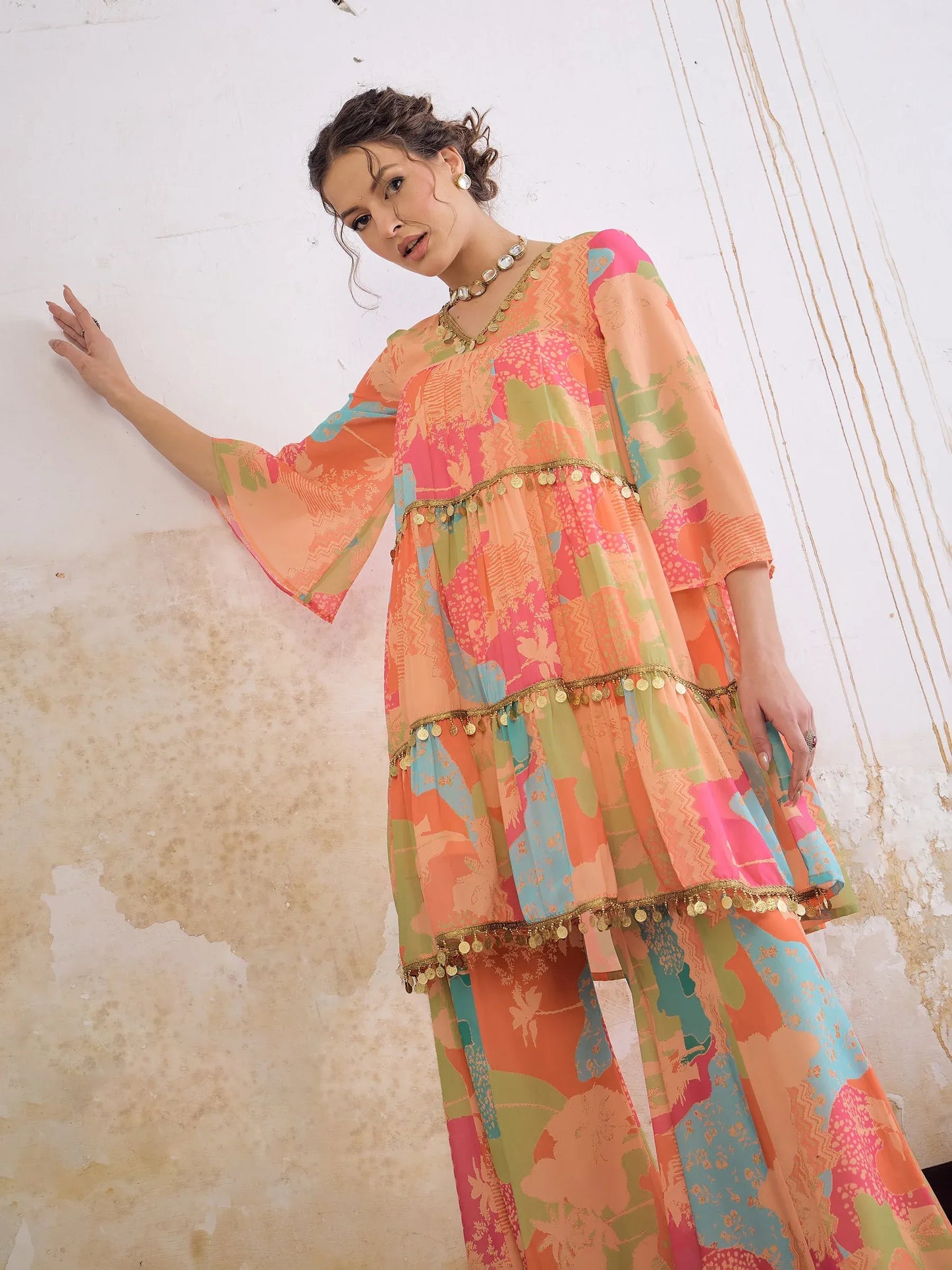 Women Orange/Green Tie & Dye Coin Lace Tired Kurta With Sharara Pants