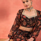 Women Black Floral Sweetheart Neck Crop Top With Anarkali Skirt