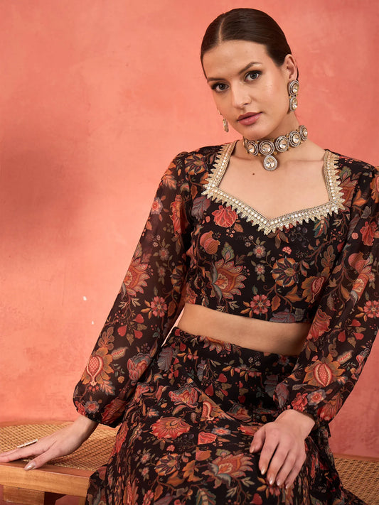 Women Black Floral Sweetheart Neck Crop Top With Anarkali Skirt