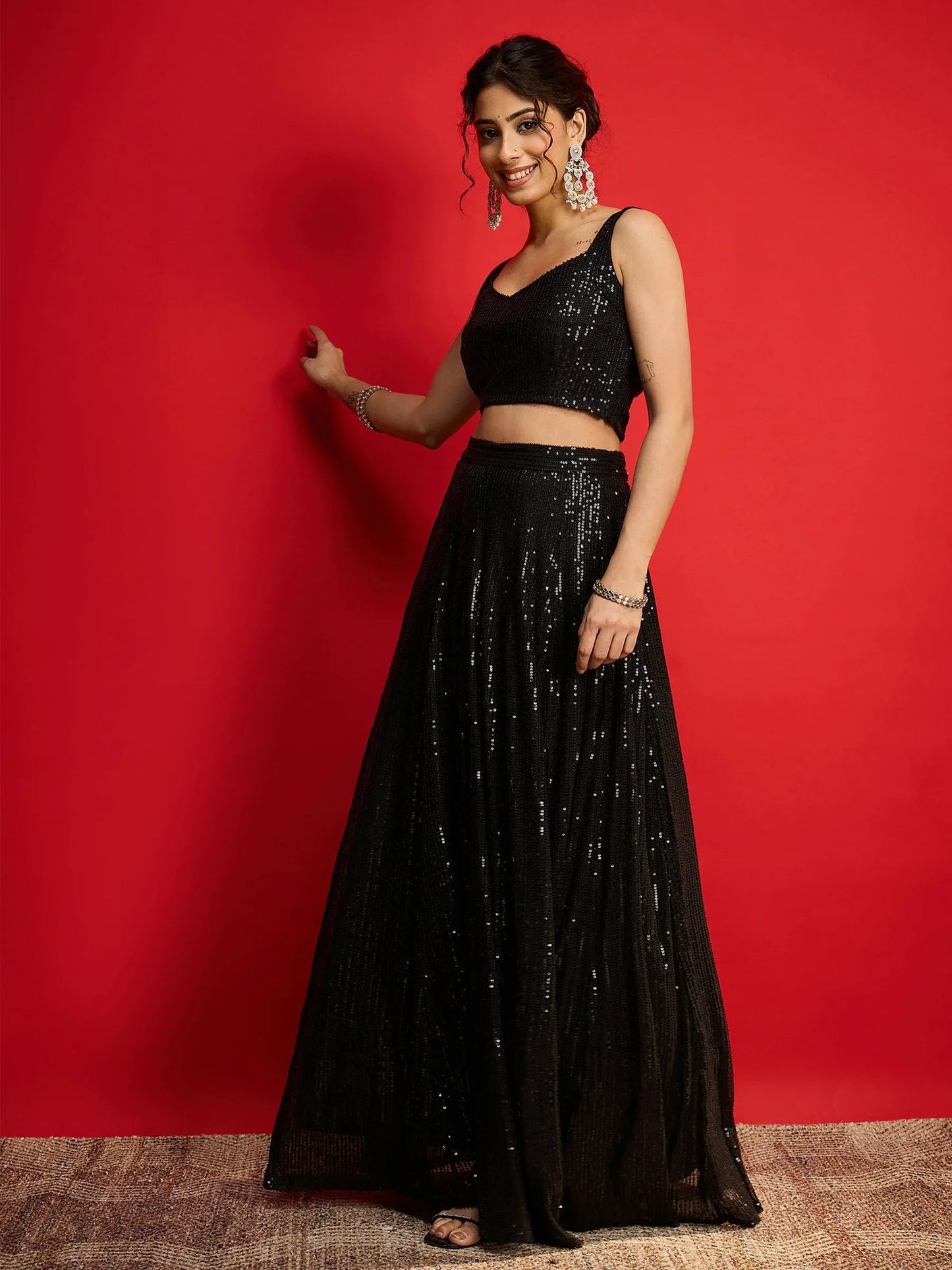 Women Sequins Sleeveless Crop Top With Anarkali Skirt