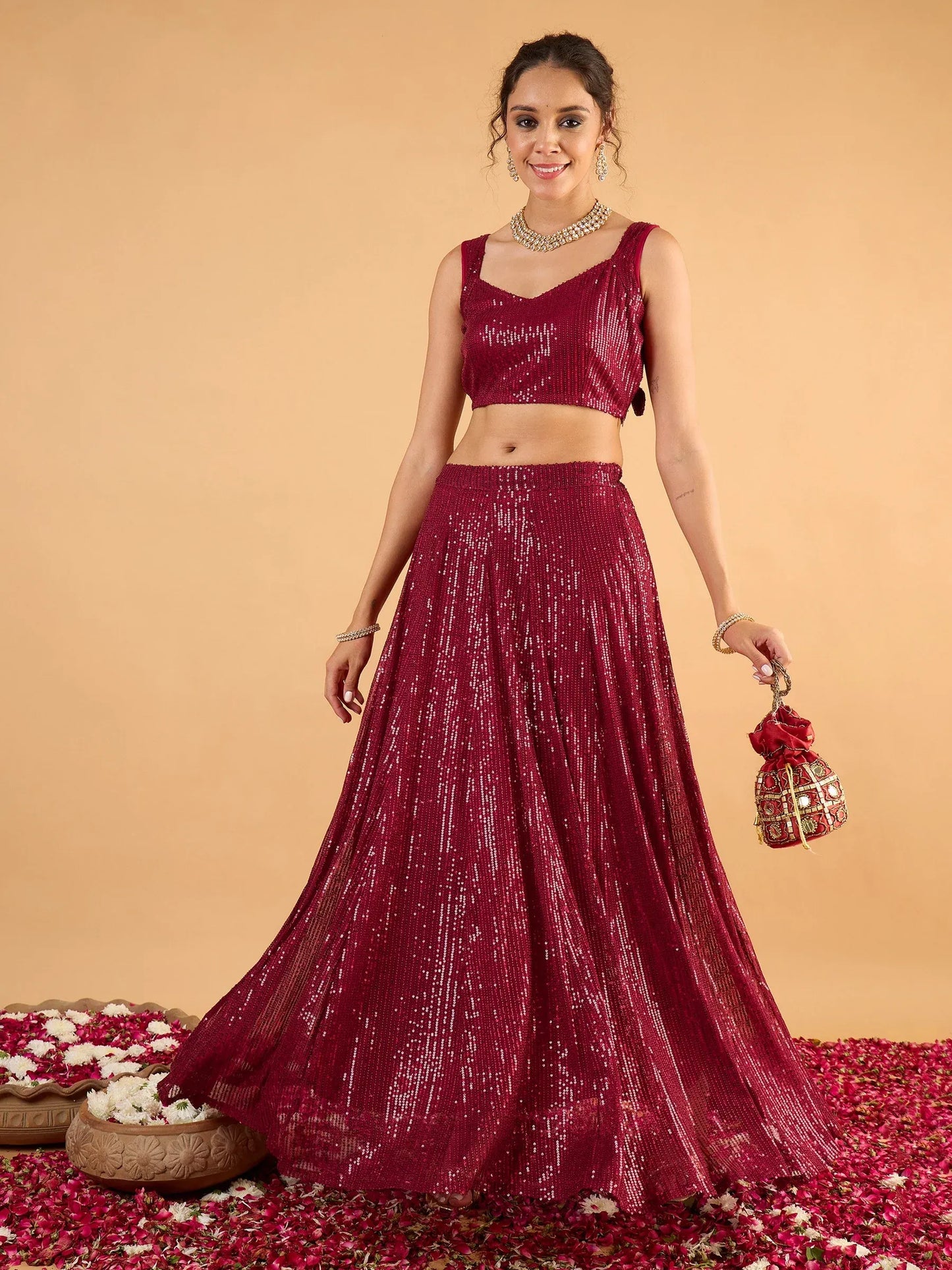 Women Sequins Sleeveless Crop Top With Anarkali Skirt
