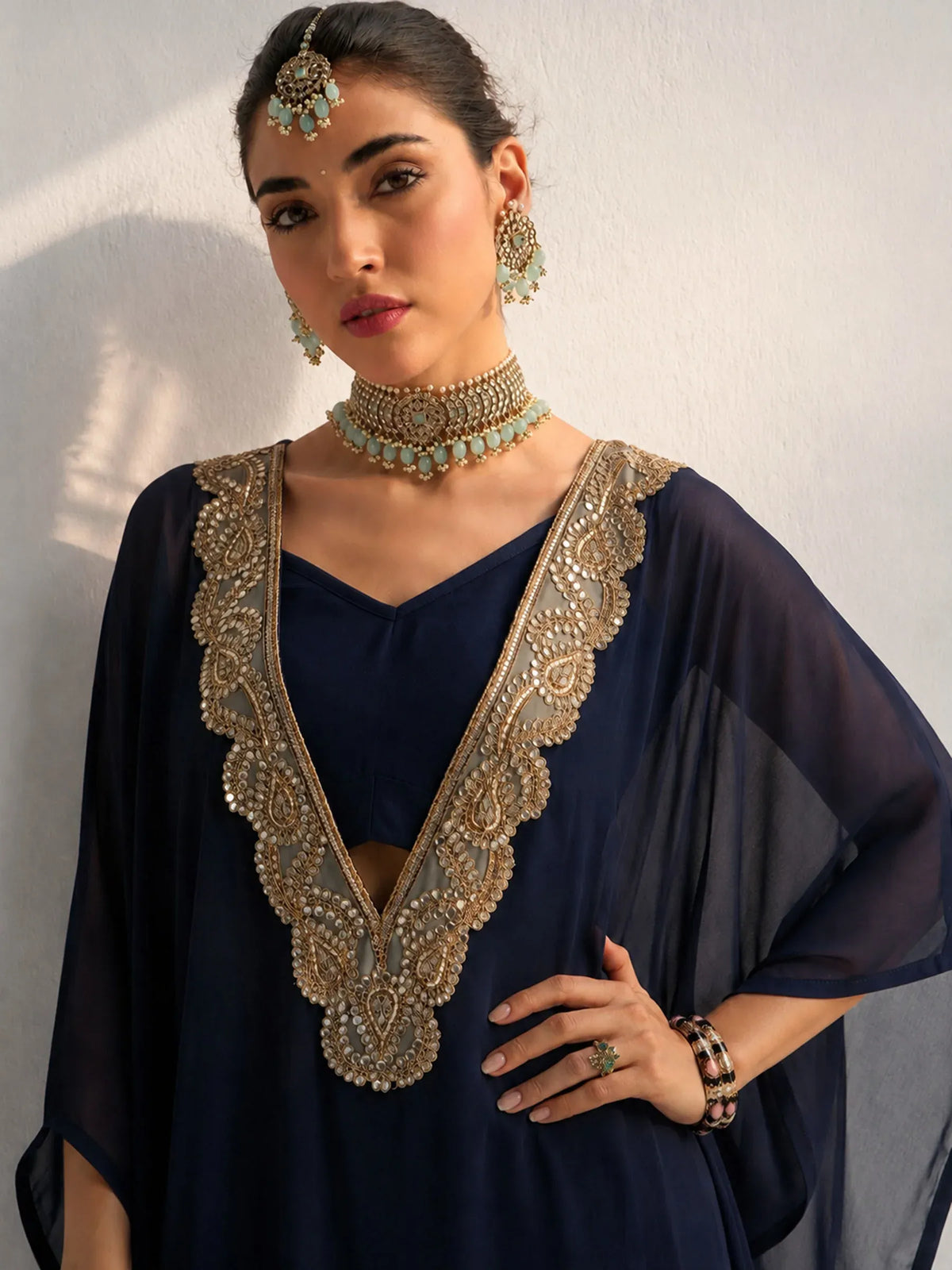 Women Embroidered Kaftan With Cami & Straight Pants