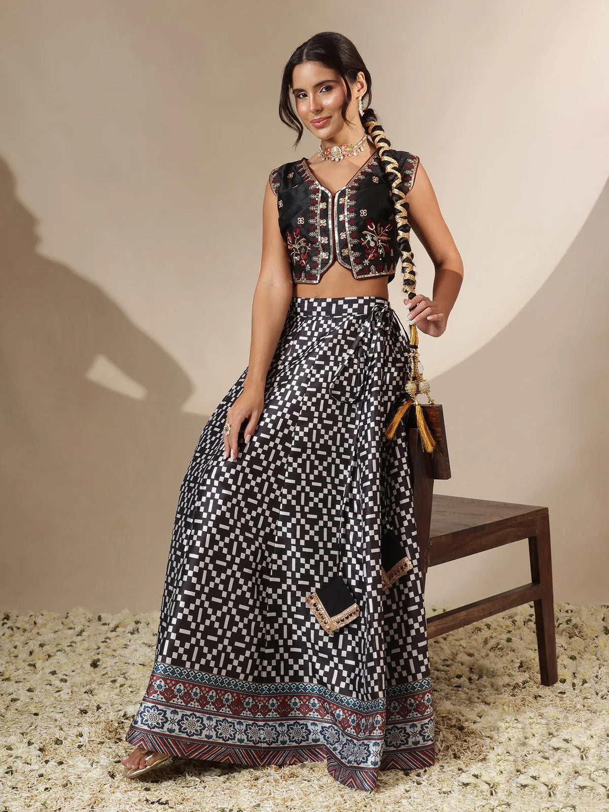 Women Black Embroidery Crop Vest With Anarkali Skirt
