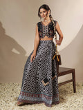 Women Black Embroidery Crop Vest With Anarkali Skirt