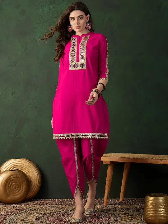 Embellished Mirror Work Roman Silk Tunic With Dhoti Pant