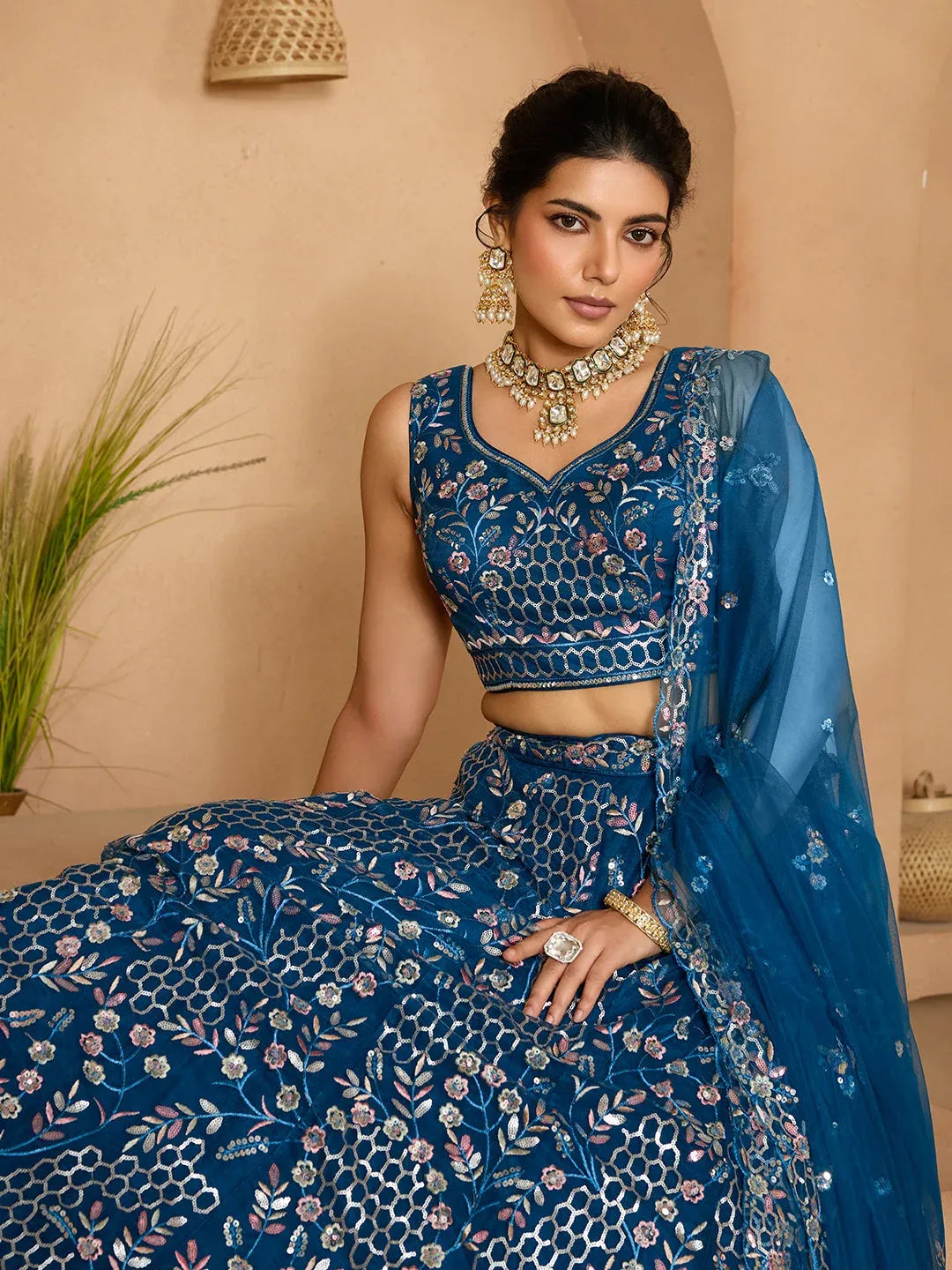 Grey/Navy - Net Fabric Sequins embroidery Semi-Stitched Lehenga & Unstitched Blouse With Dupatta