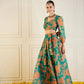 Women Green & Mustard Floral Anarkali Skirt With Crop Top