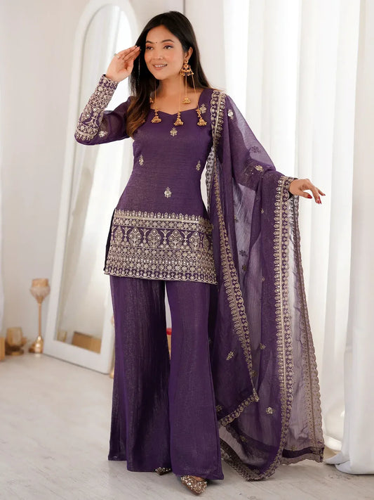 Shiny Purple Zari Work Silk Festival Wear Palazzo Suit With Dupatta