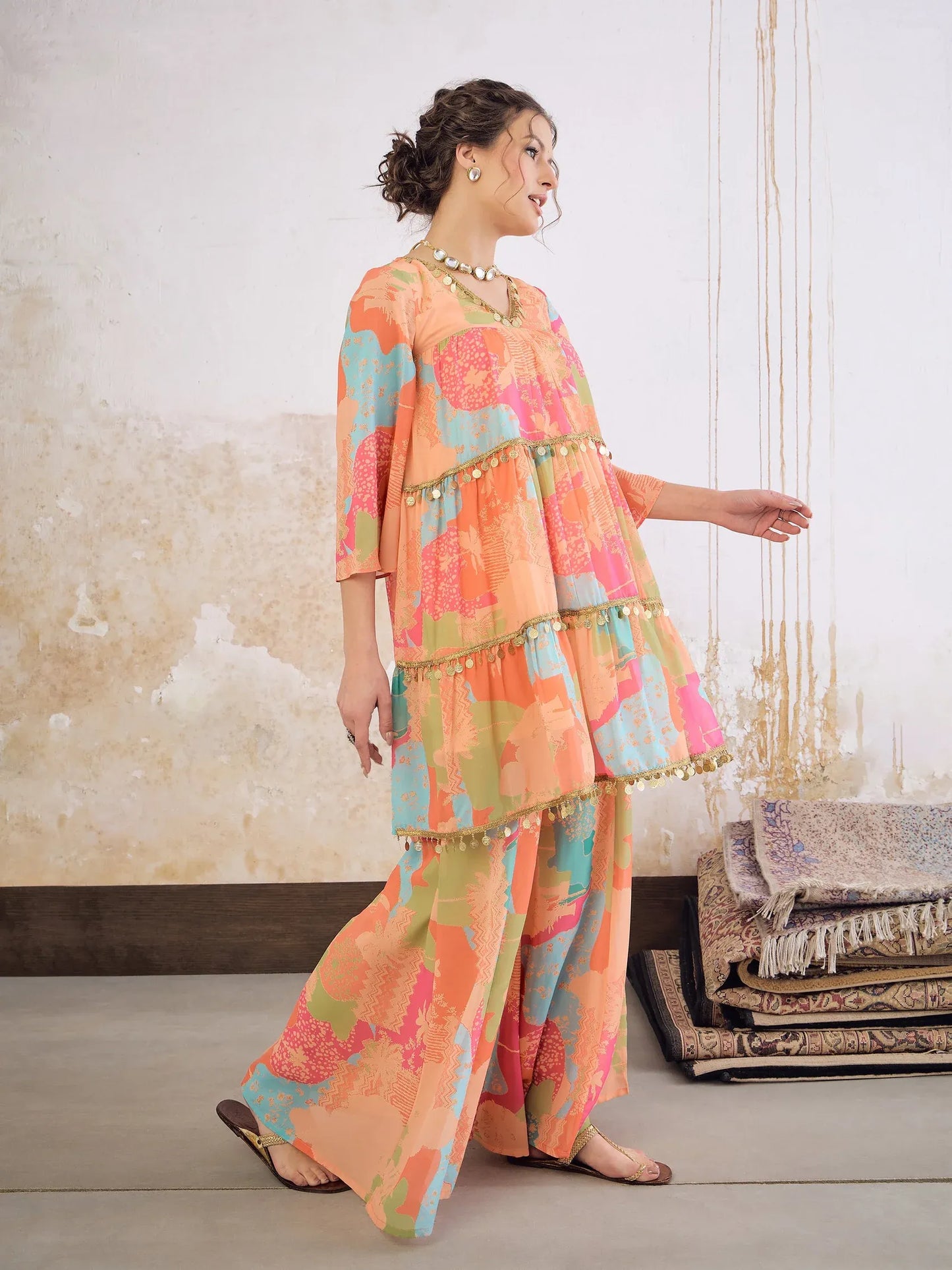 Women Orange/Green Tie & Dye Coin Lace Tired Kurta With Sharara Pants