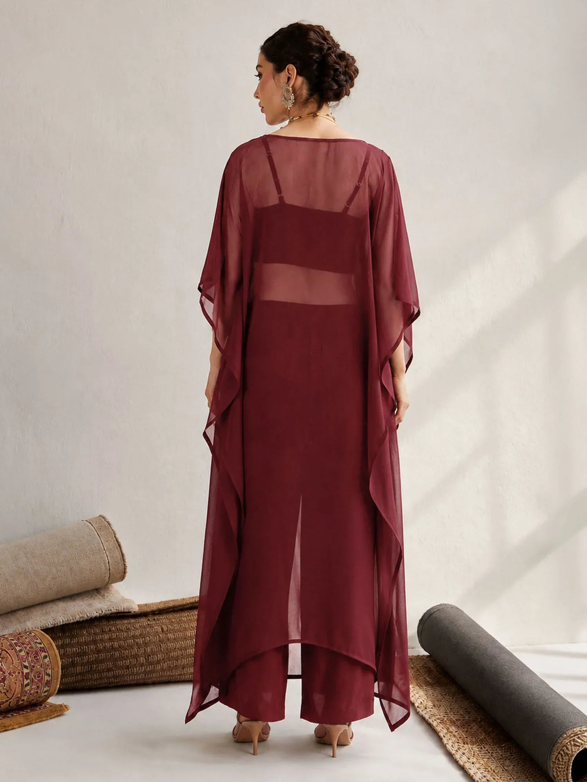 Women Embroidered Kaftan With Cami & Straight Pants