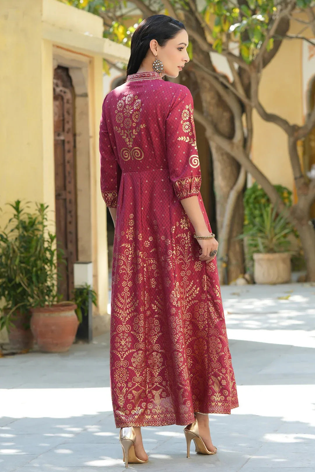 Maroon Ethnic Motif Printed Rayon Anarkali Dress