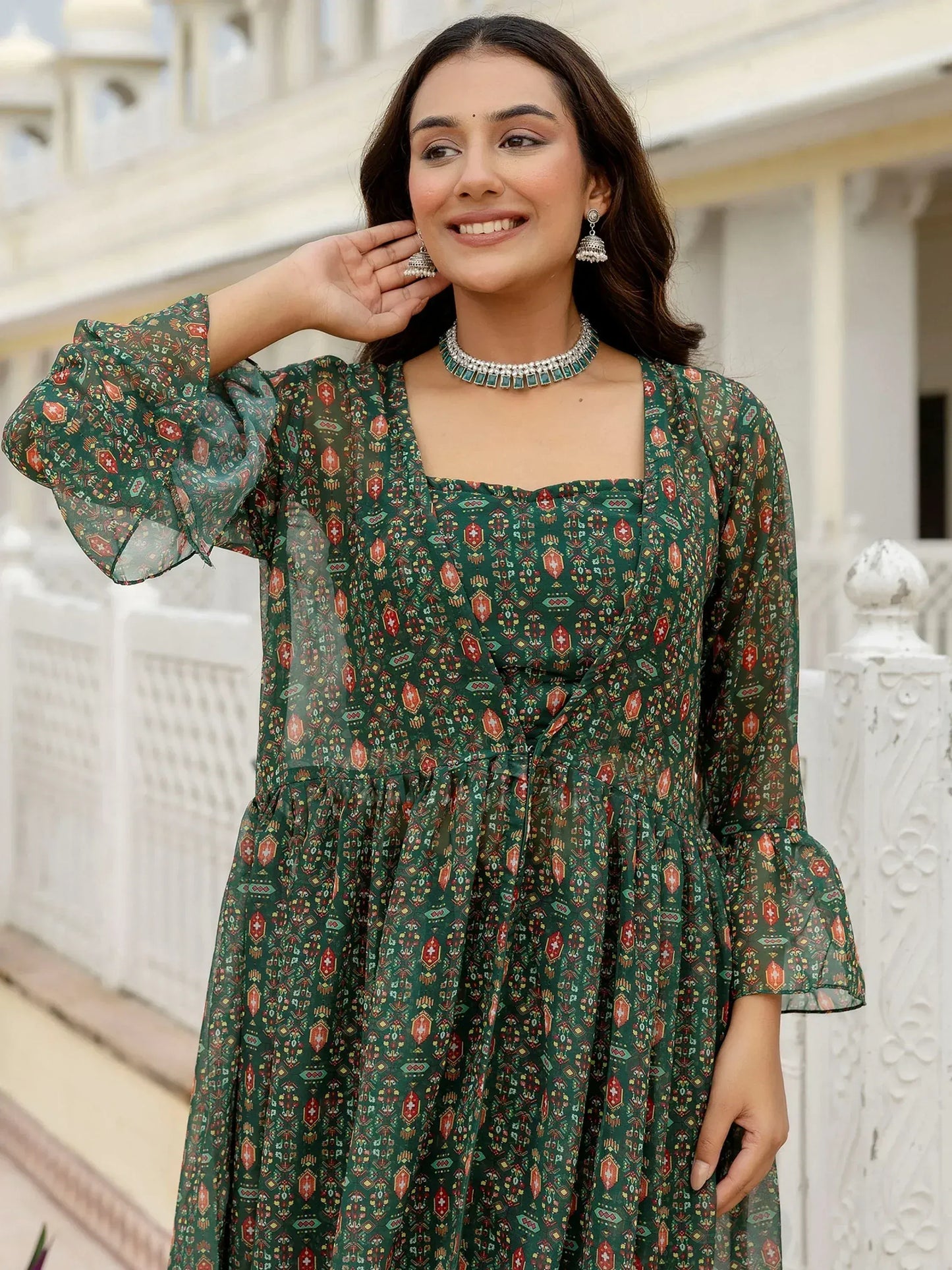 Bottle Green Digital Printed Georgette Designer Sharara Suit With Jacket