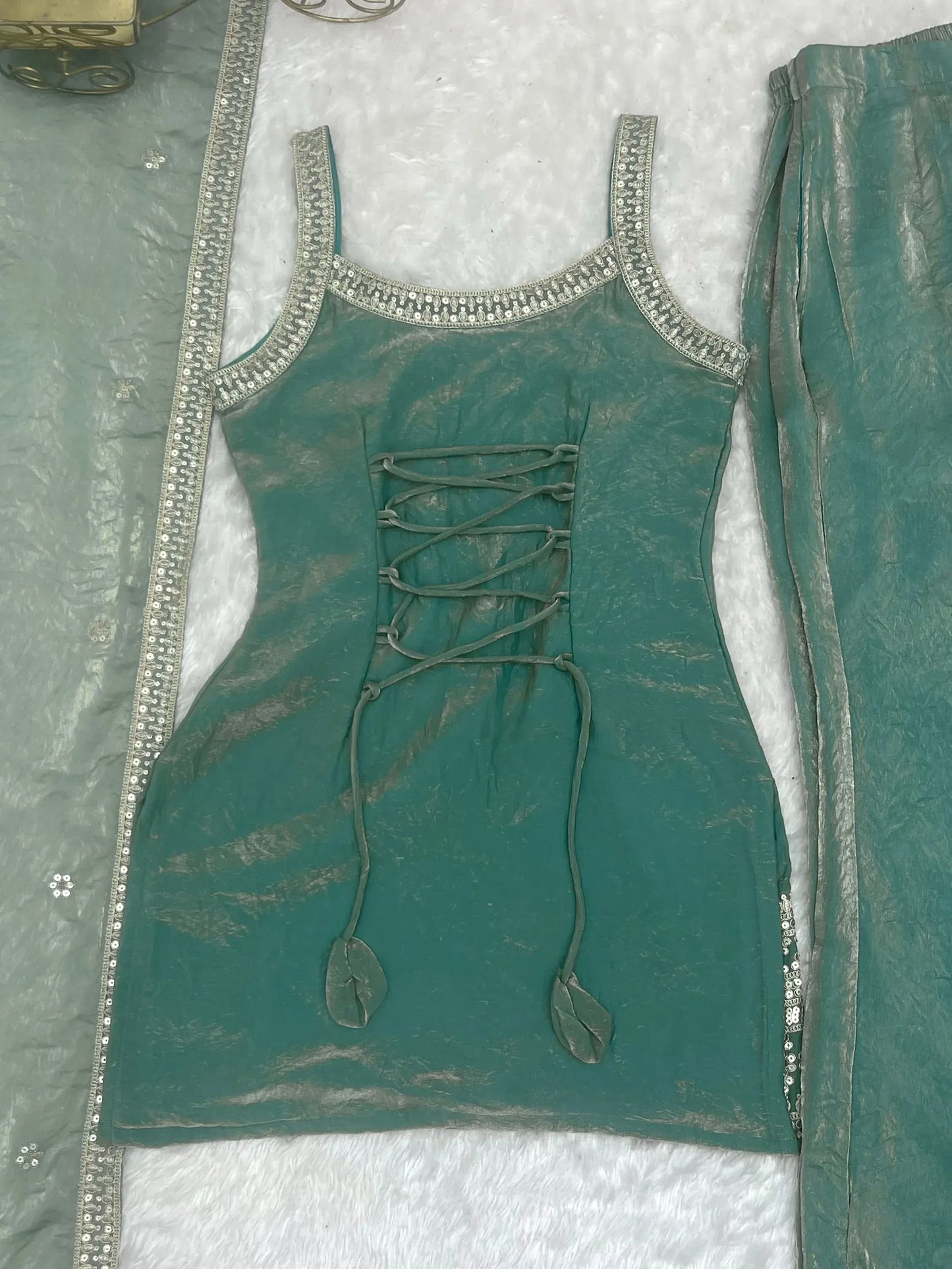 Adorable Sea Green Zari Embroidered Silk Festival Wear Palazzo Suit