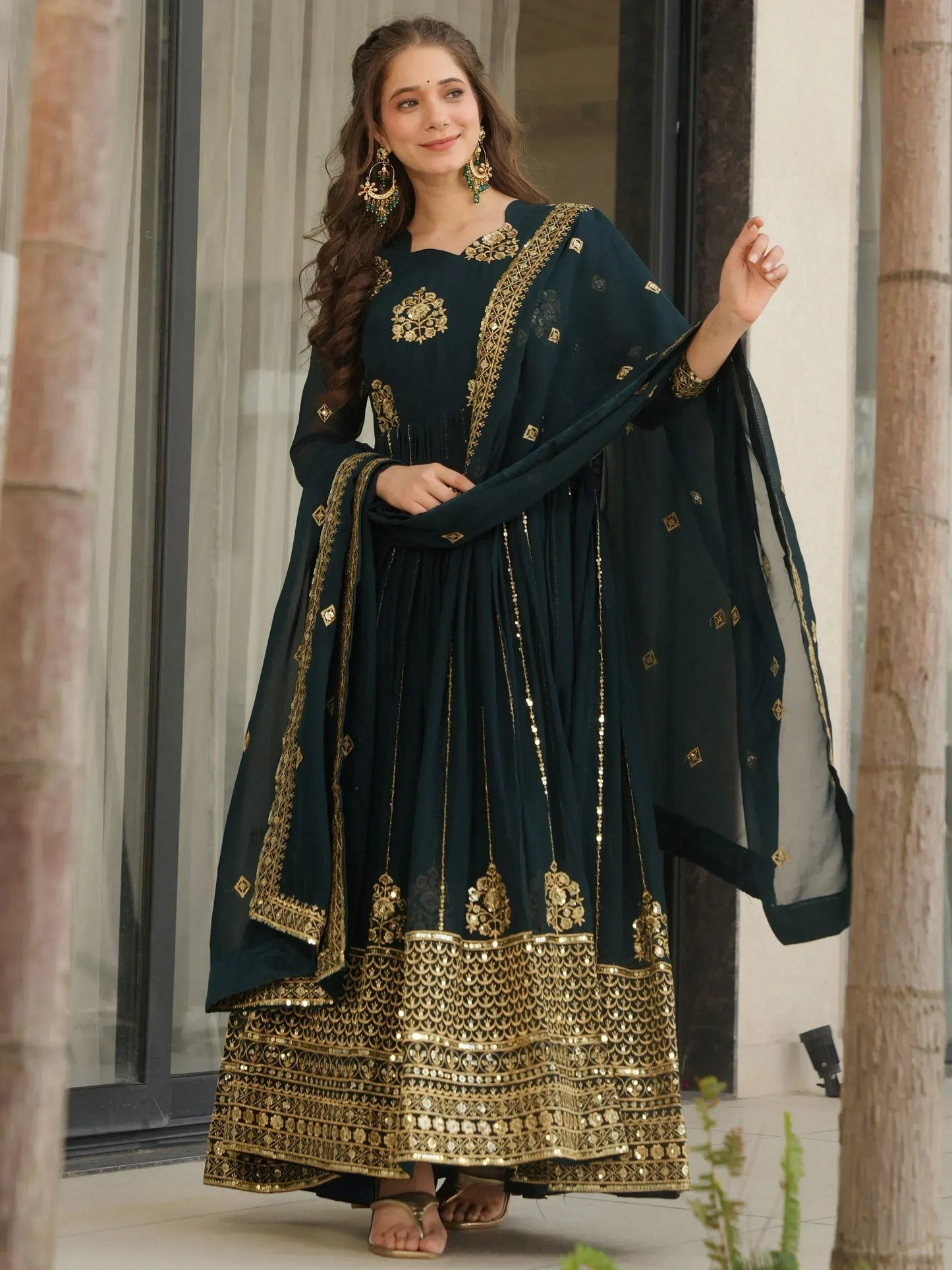 Intricate Georgette Sequins Embroidered Gown With Dupatta