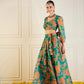 Women Green & Mustard Floral Anarkali Skirt With Crop Top