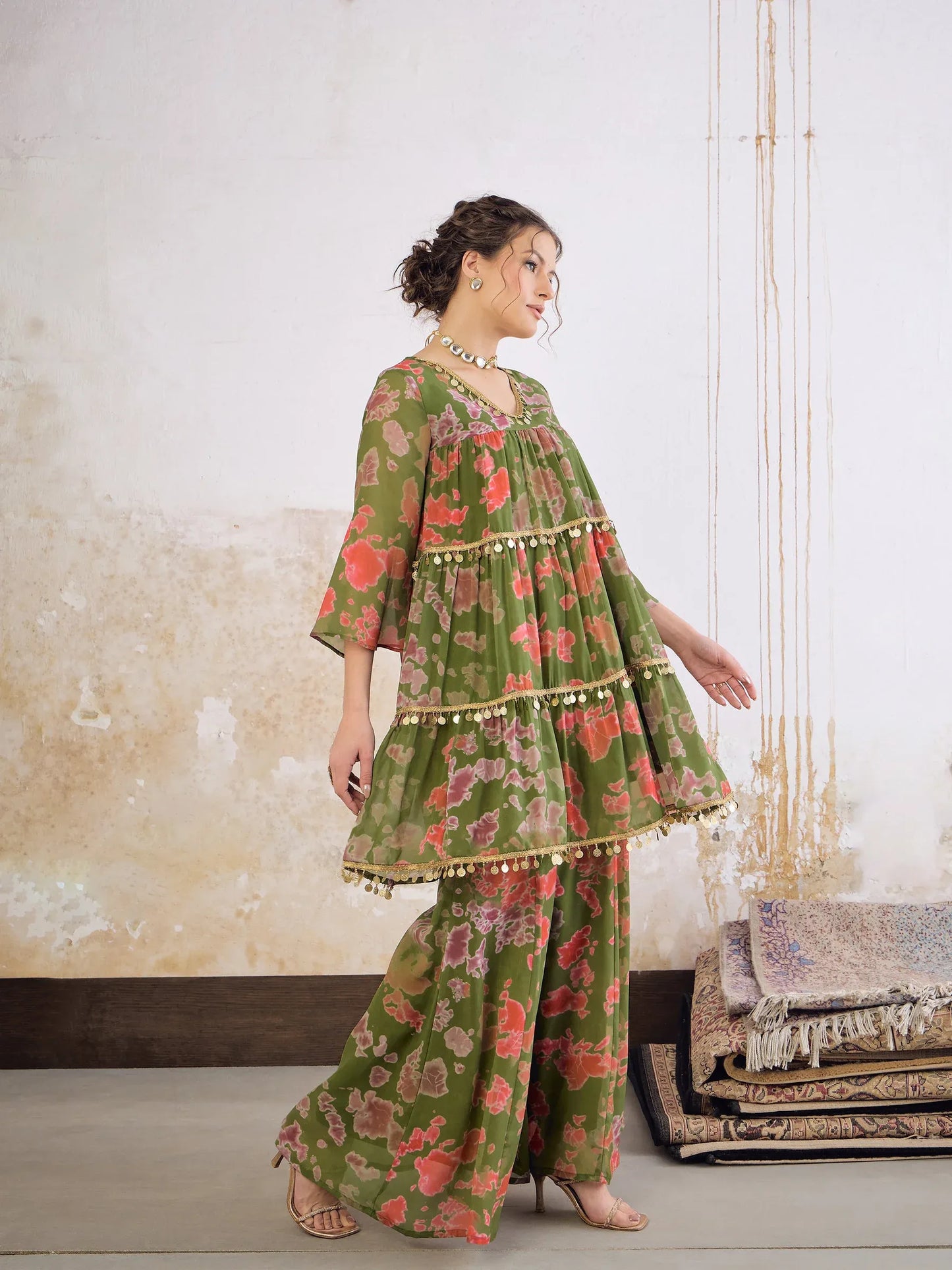Women Orange/Green Tie & Dye Coin Lace Tired Kurta With Sharara Pants
