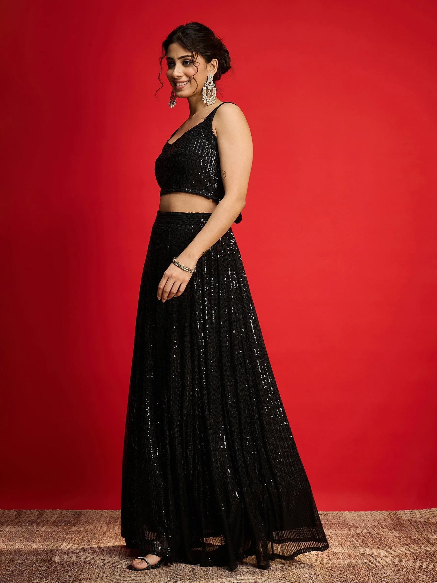 Women Sequins Sleeveless Crop Top With Anarkali Skirt