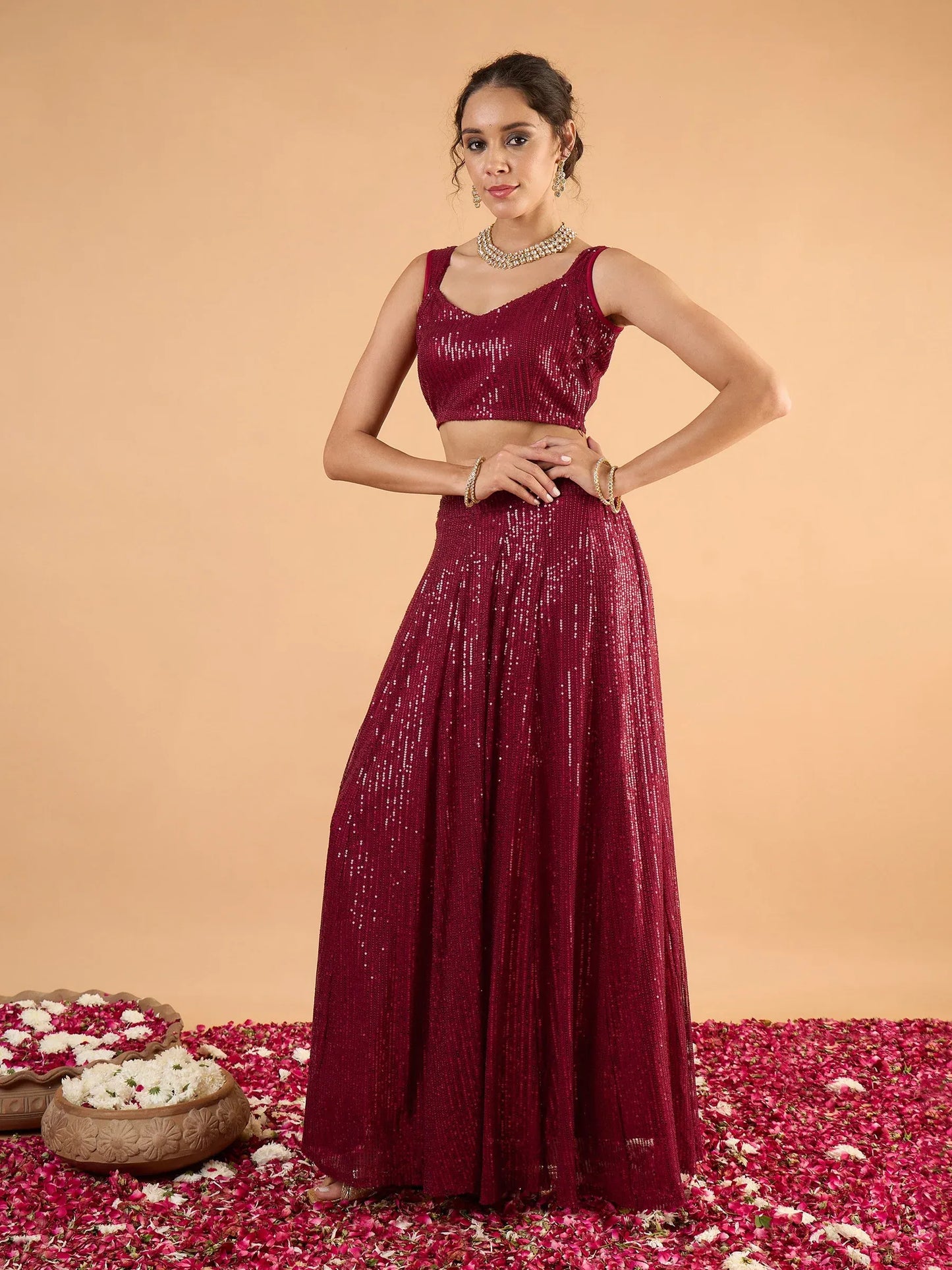 Women Sequins Sleeveless Crop Top With Anarkali Skirt