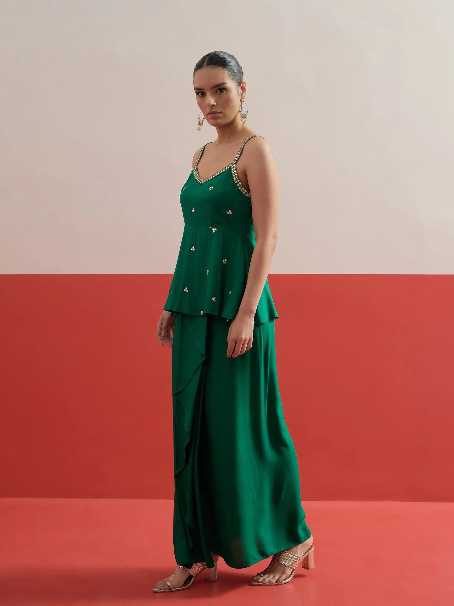 Women Embroidered Strappy Top With Dhoti Skirt