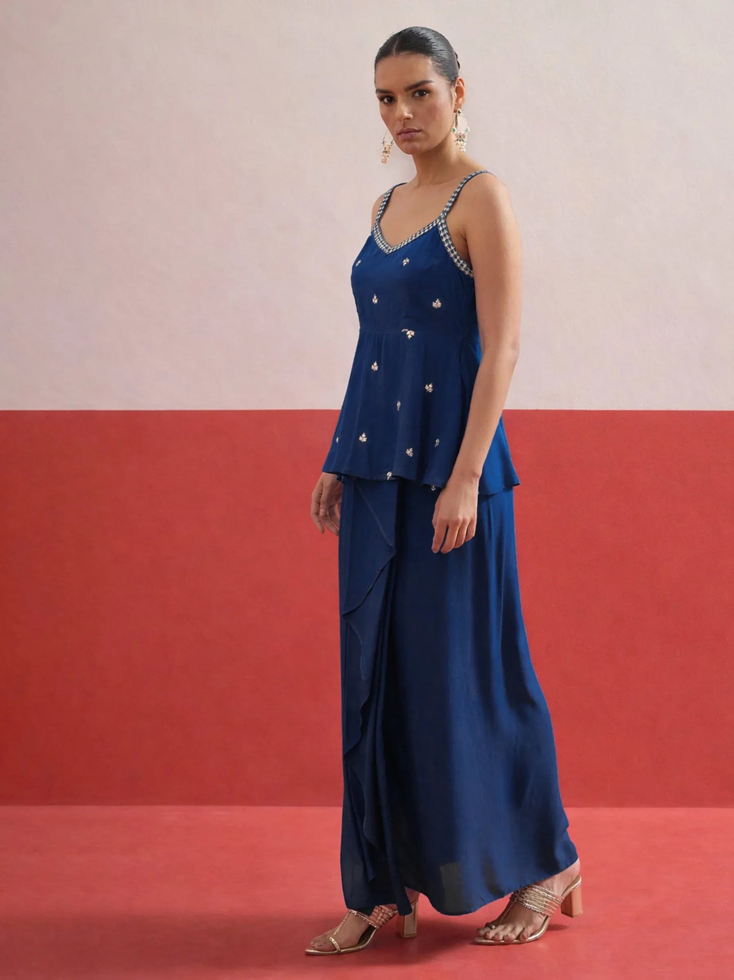 Women Embroidered Strappy Top With Dhoti Skirt