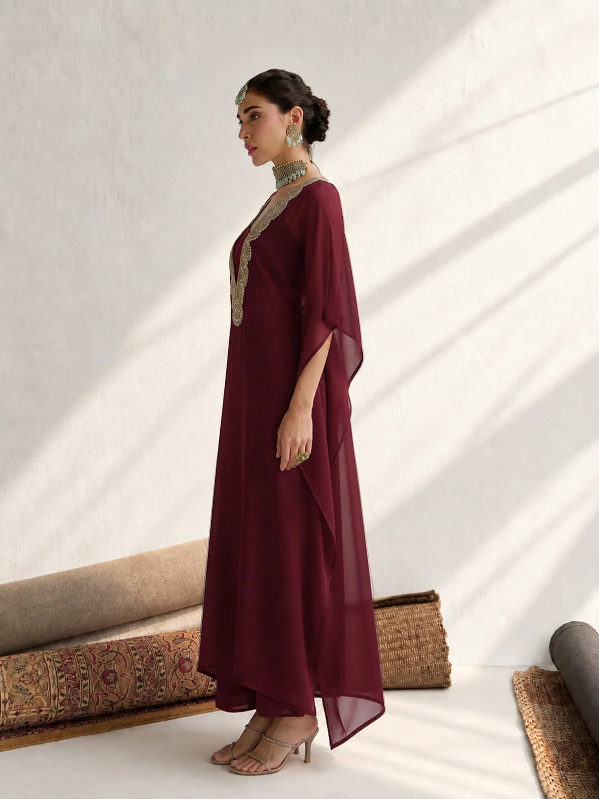 Women Embroidered Kaftan With Cami & Straight Pants