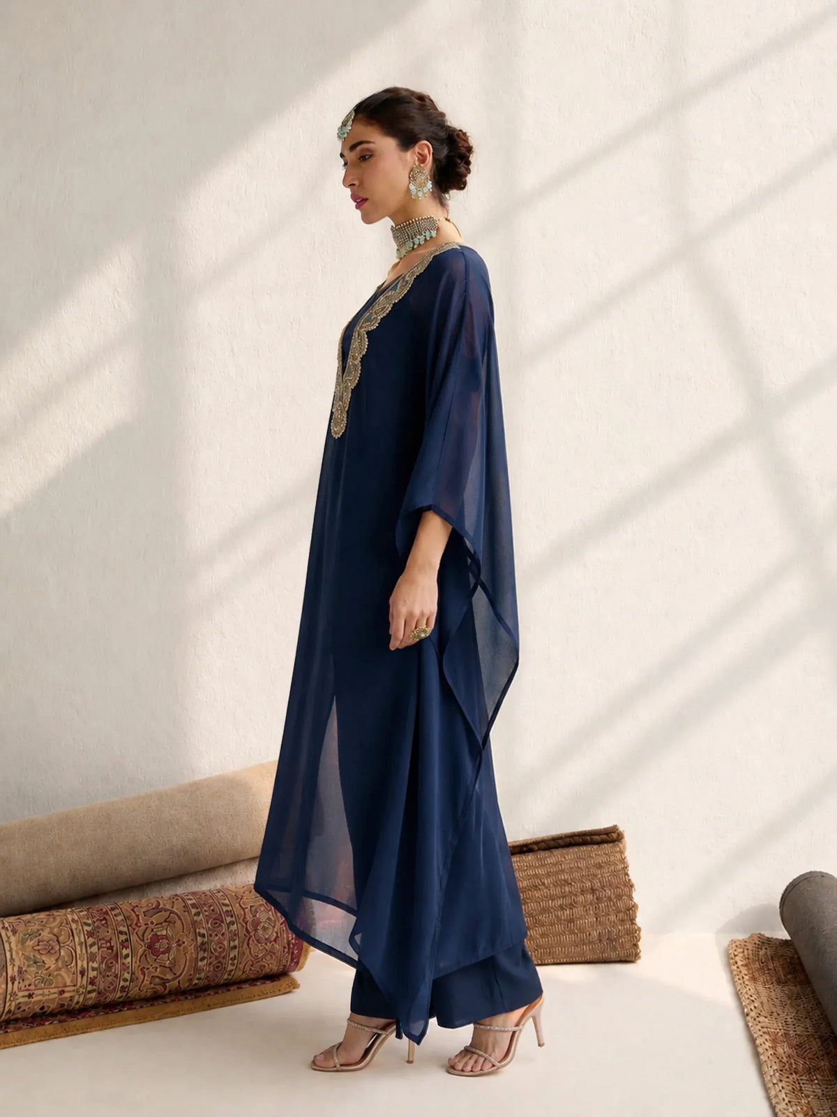Women Embroidered Kaftan With Cami & Straight Pants