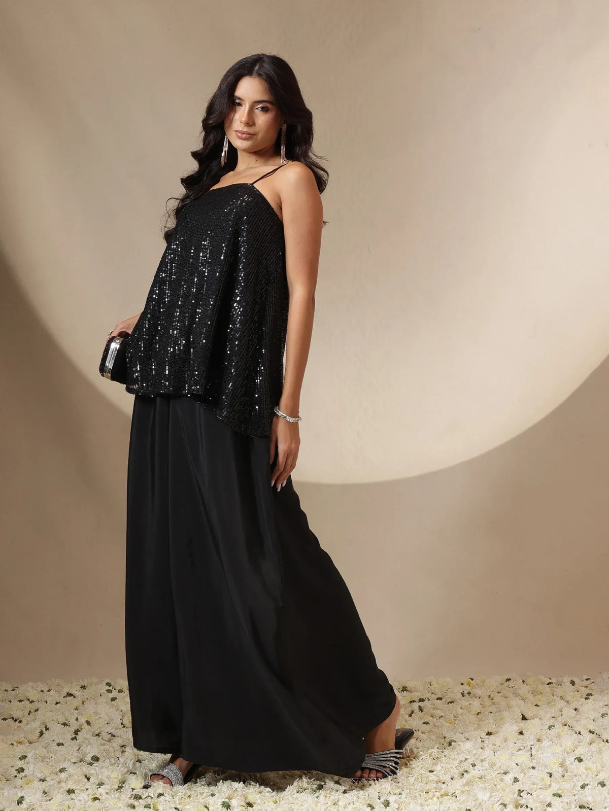 Women Black/Brown Sequin Strappy Top With Flared Pants