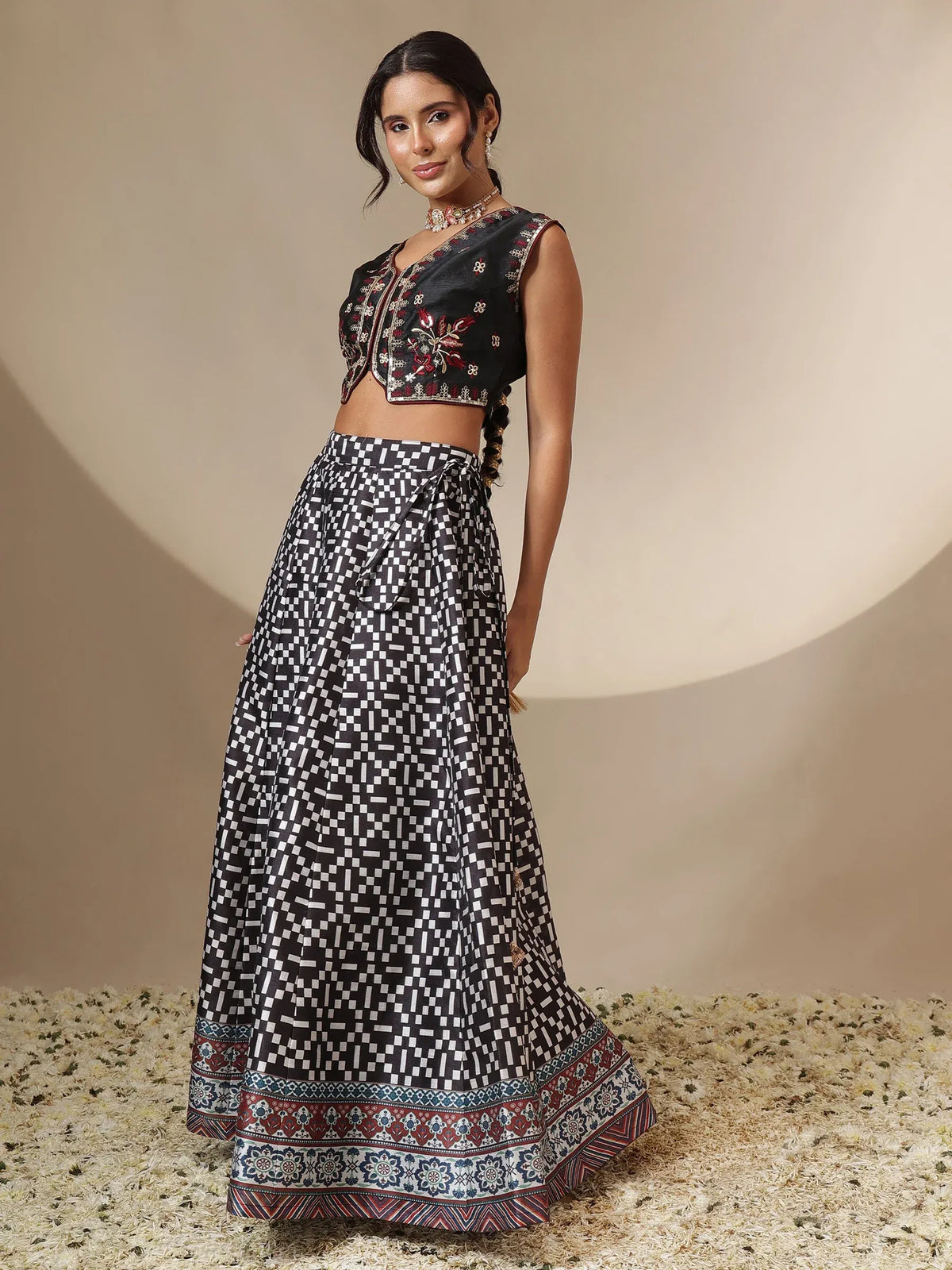 Women Black Embroidery Crop Vest With Anarkali Skirt