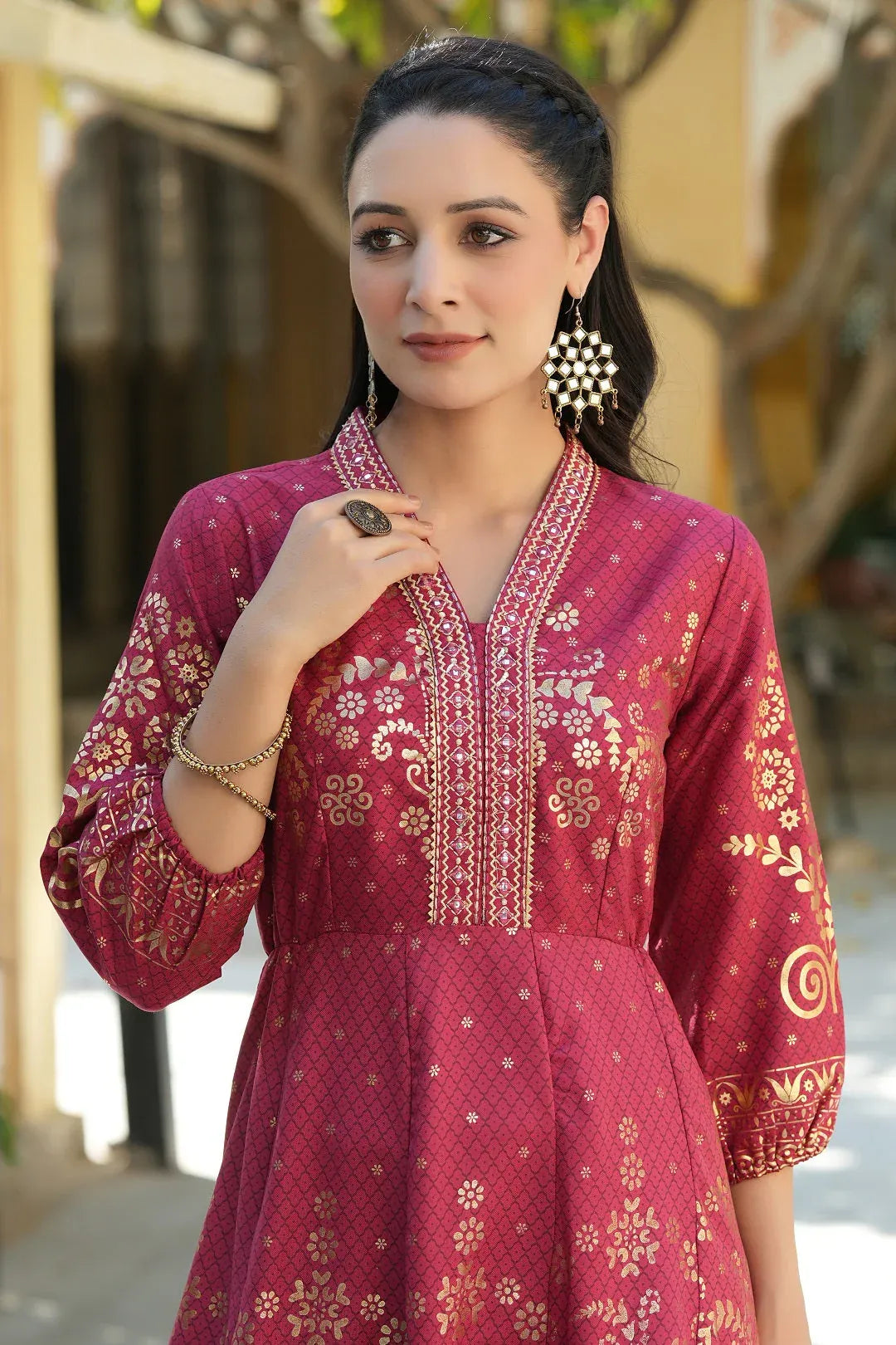 Maroon Ethnic Motif Printed Rayon Anarkali Dress