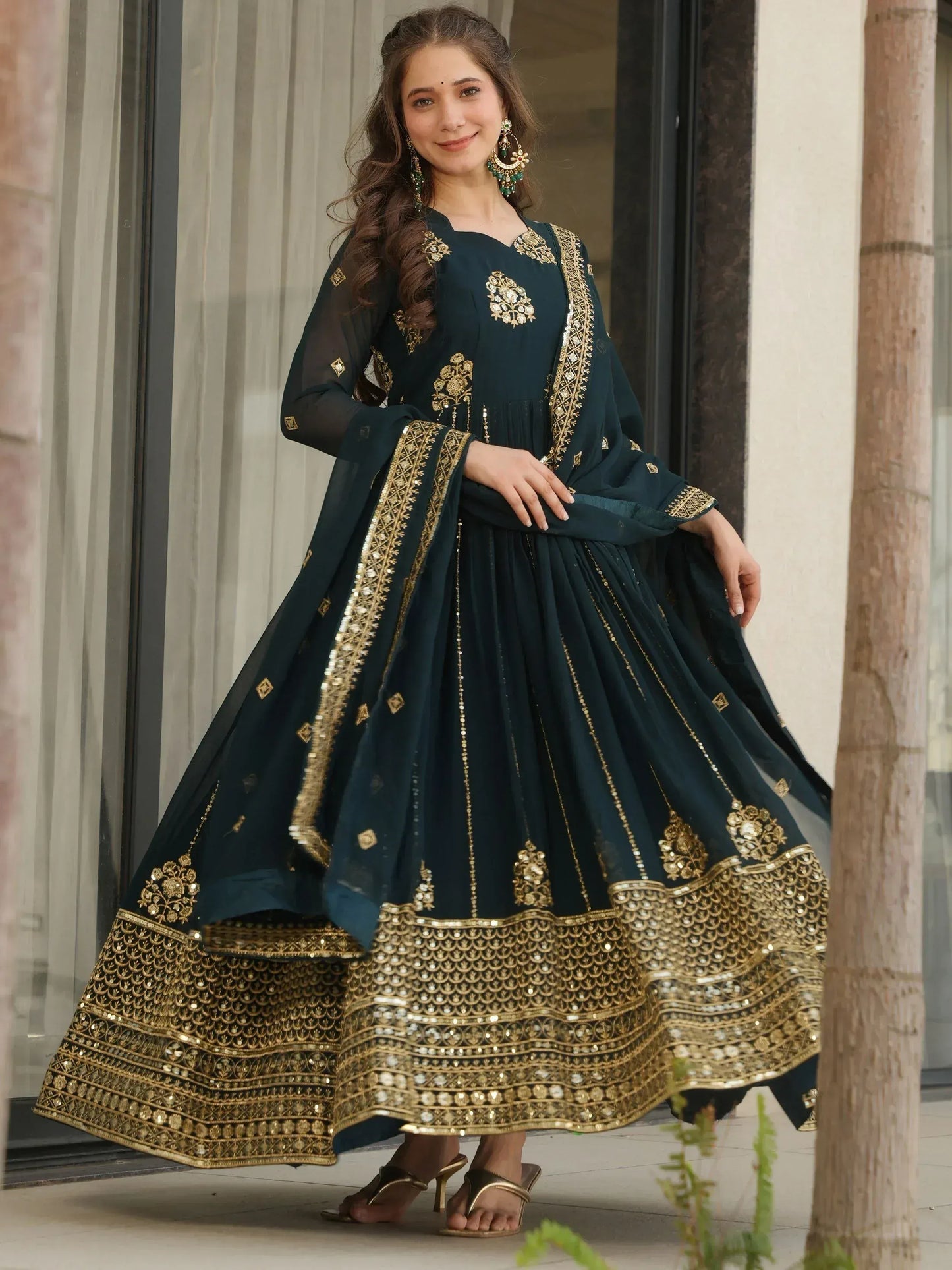 Intricate Georgette Sequins Embroidered Gown With Dupatta