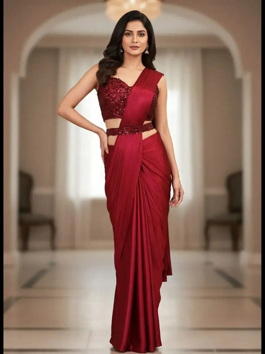 Embroidered Embellished Pre Draped Ready to Wear Lycra Saree Maroon