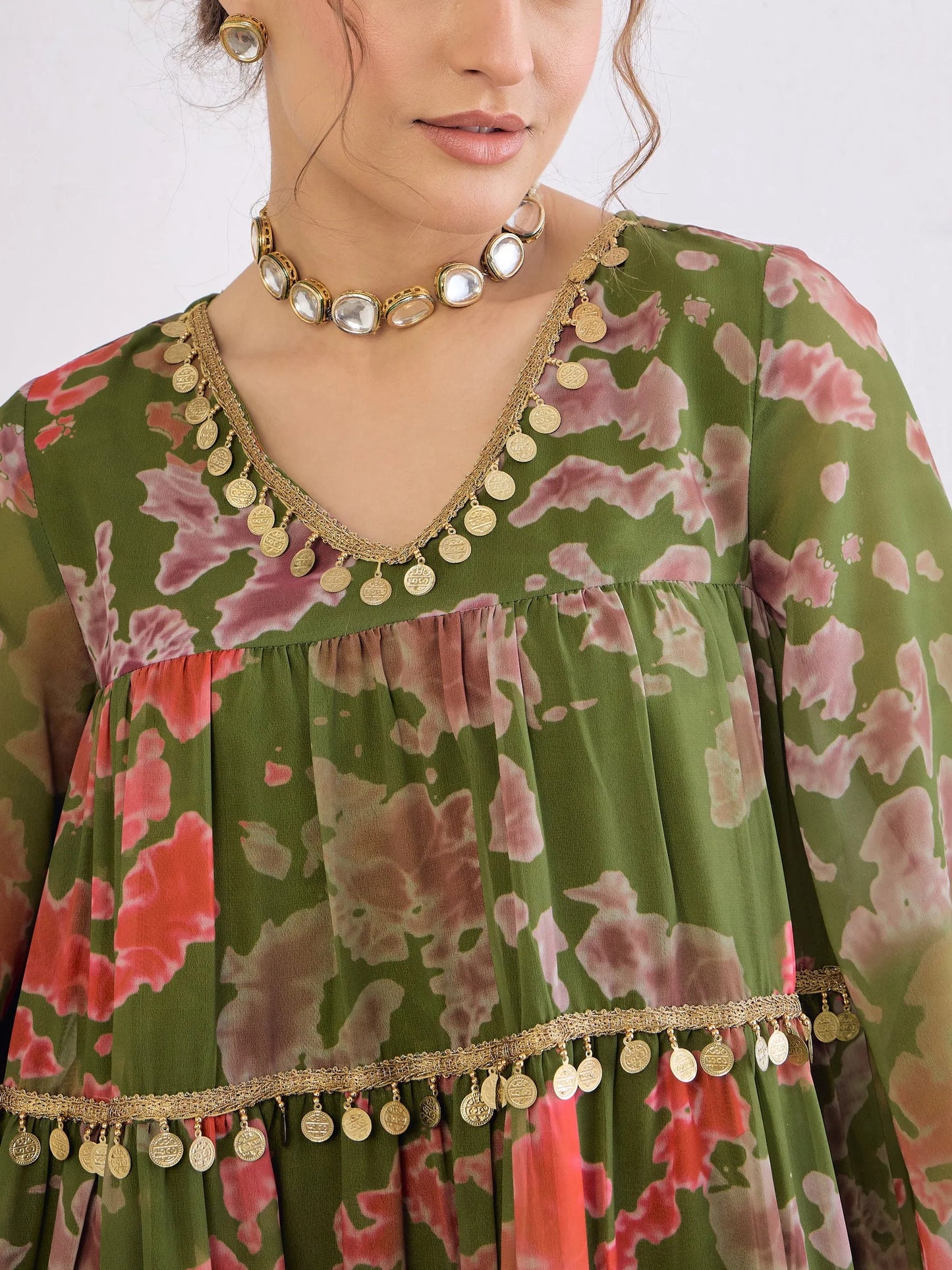 Women Orange/Green Tie & Dye Coin Lace Tired Kurta With Sharara Pants
