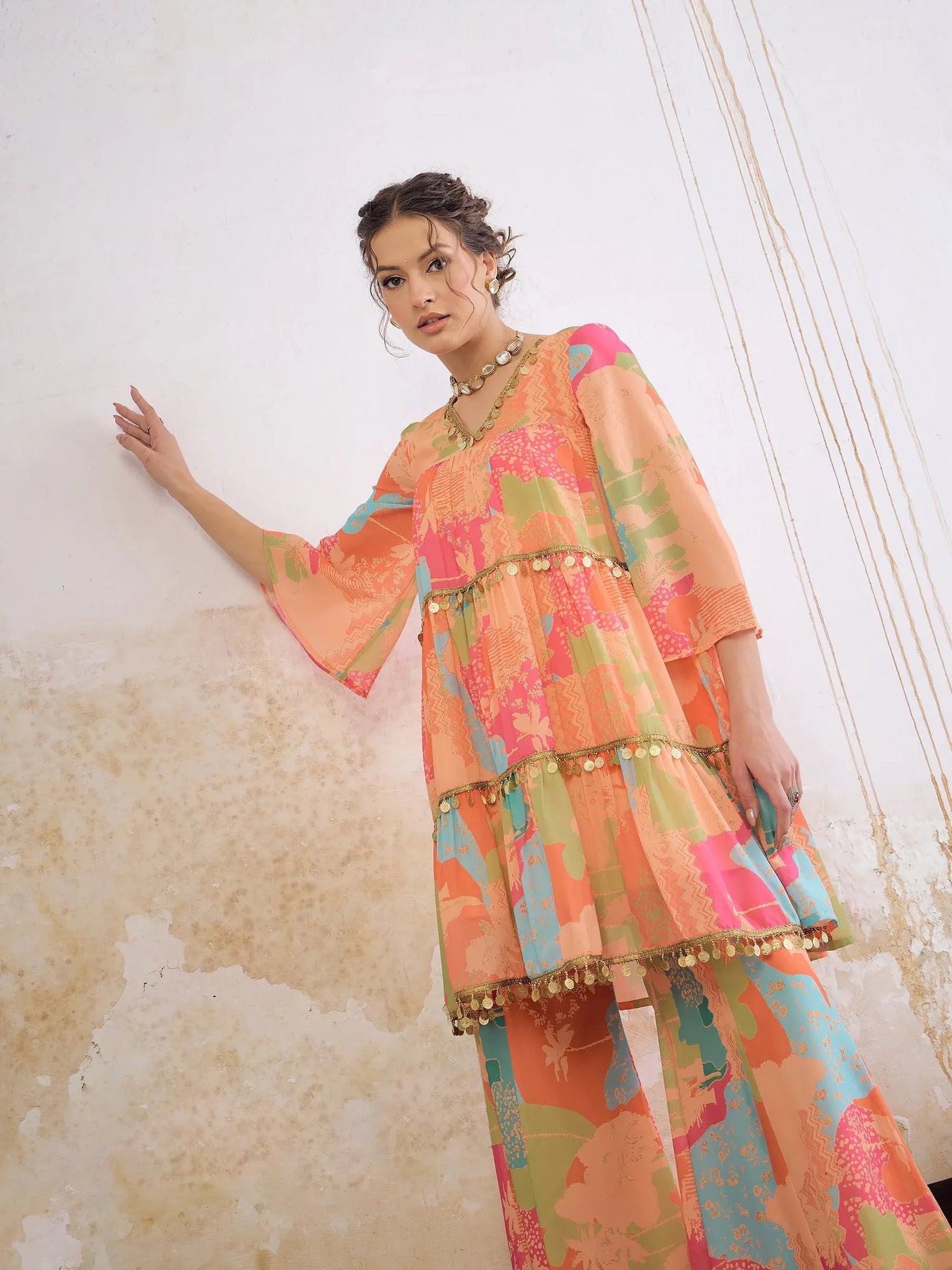 Women Orange/Green Tie & Dye Coin Lace Tired Kurta With Sharara Pants