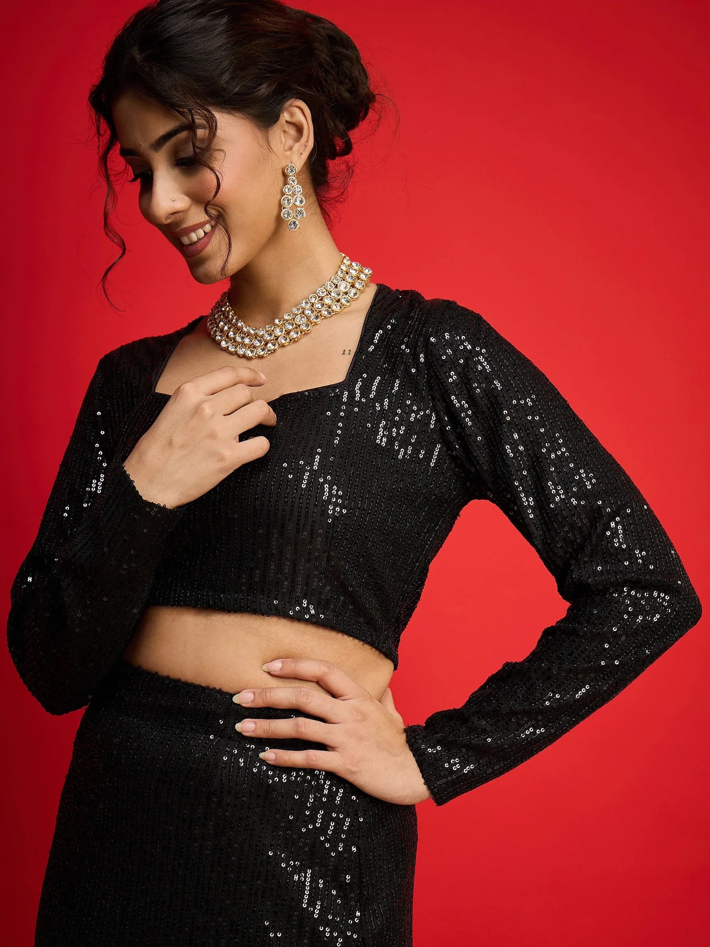 Women Metallic Shine Sequins Crop Top With Fish Cut Skirt