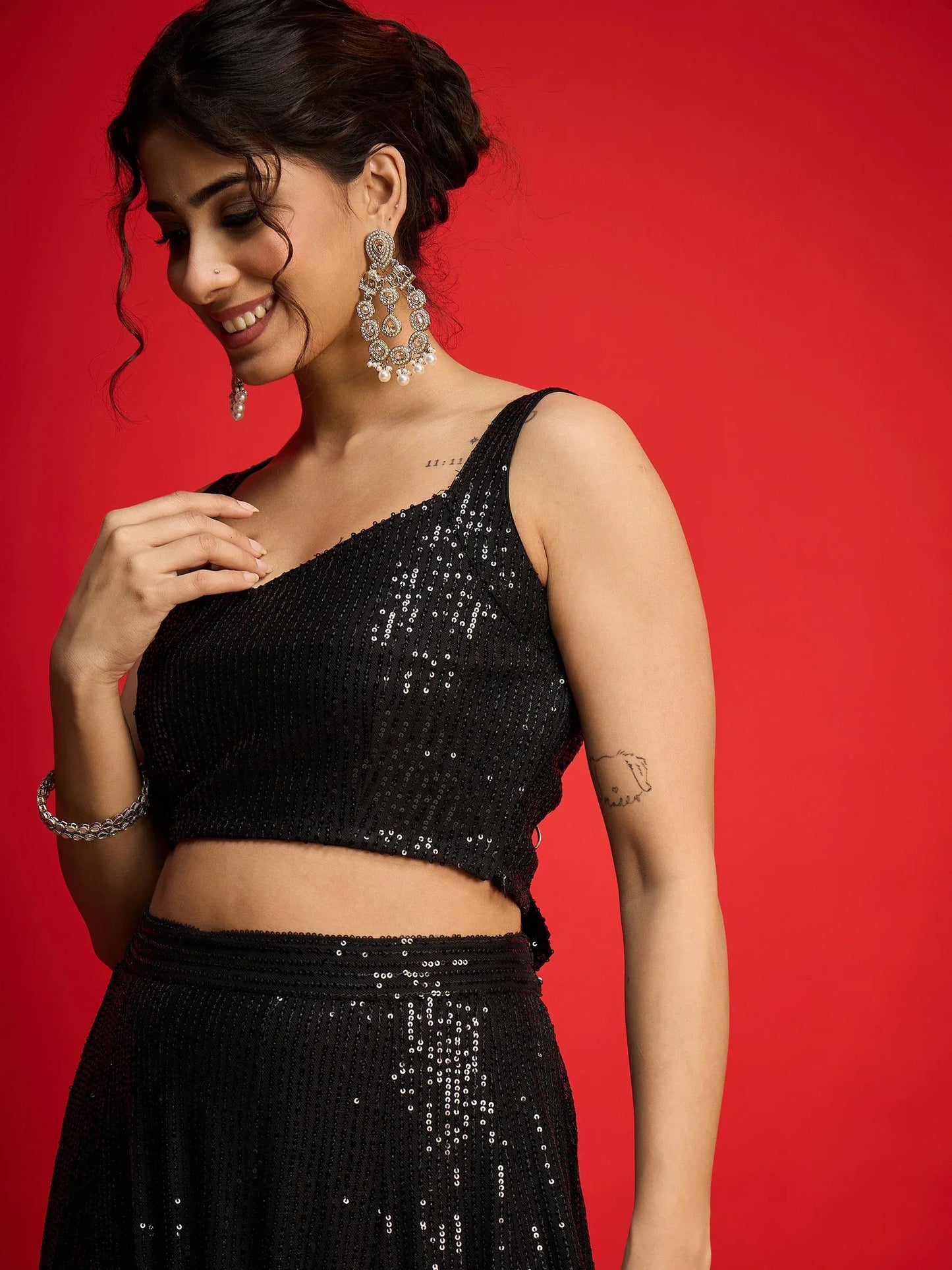 Women Sequins Sleeveless Crop Top With Anarkali Skirt