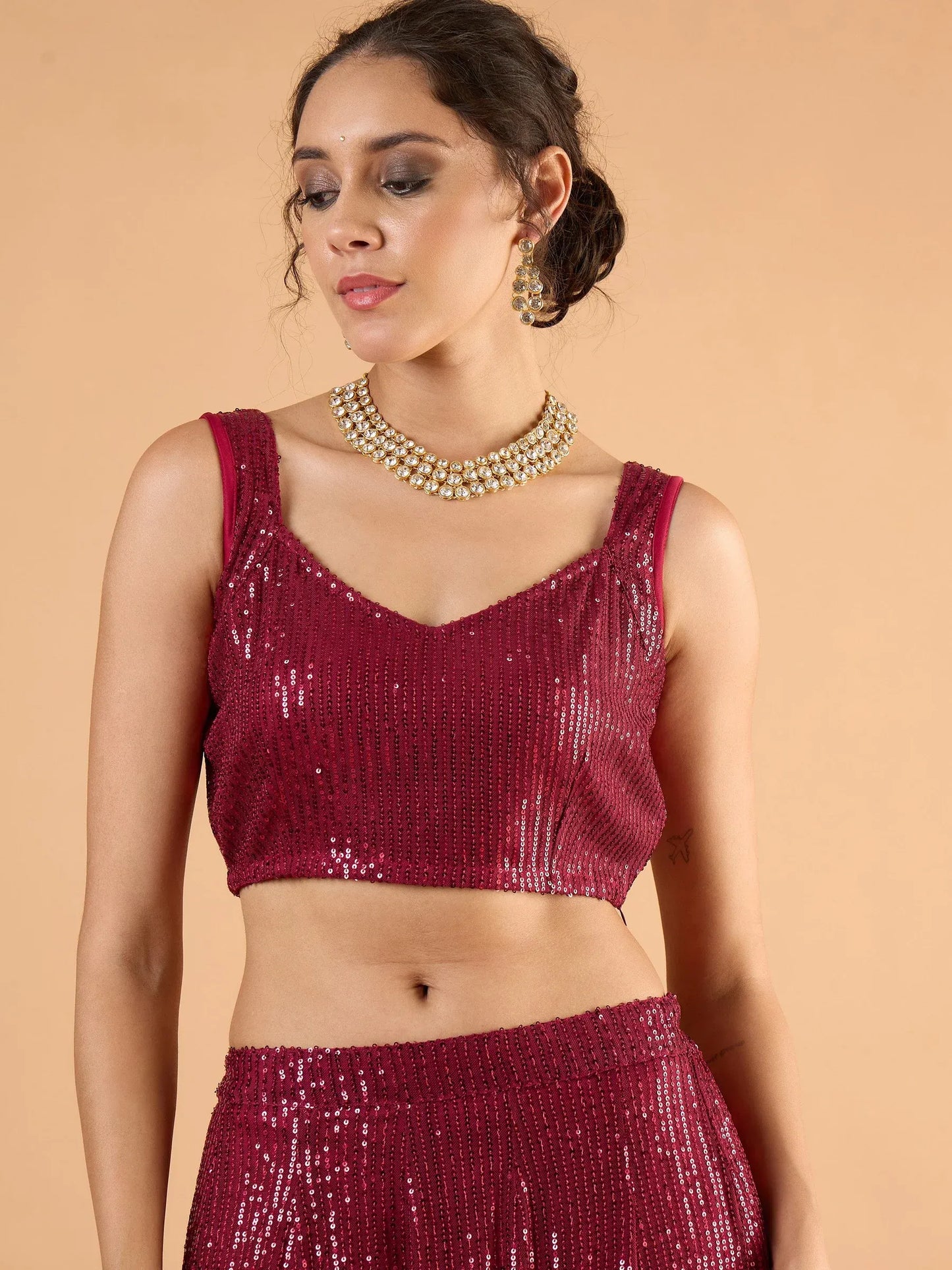 Women Sequins Sleeveless Crop Top With Anarkali Skirt