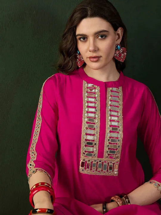 Embellished Mirror Work Roman Silk Tunic With Dhoti Pant
