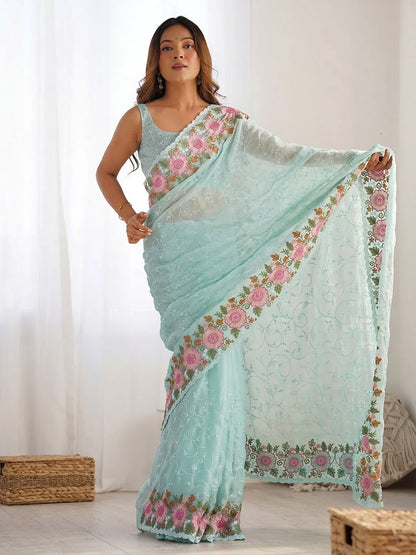 Sky Blue Embroidered Sequined Pure Georgette Saree