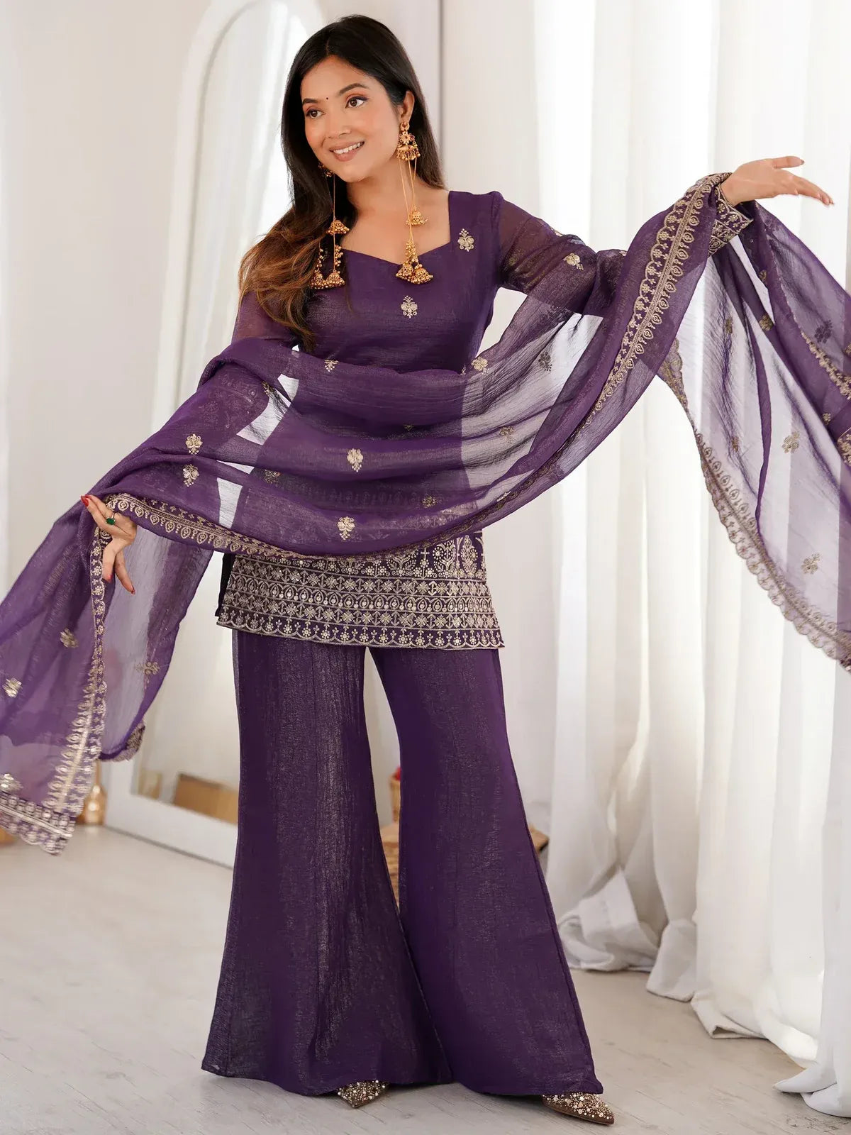 Shiny Purple Zari Work Silk Festival Wear Palazzo Suit With Dupatta