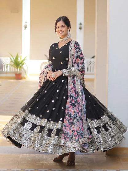Floral Embroidered Sequined Georgette Anarkali Kurta With Dupatta