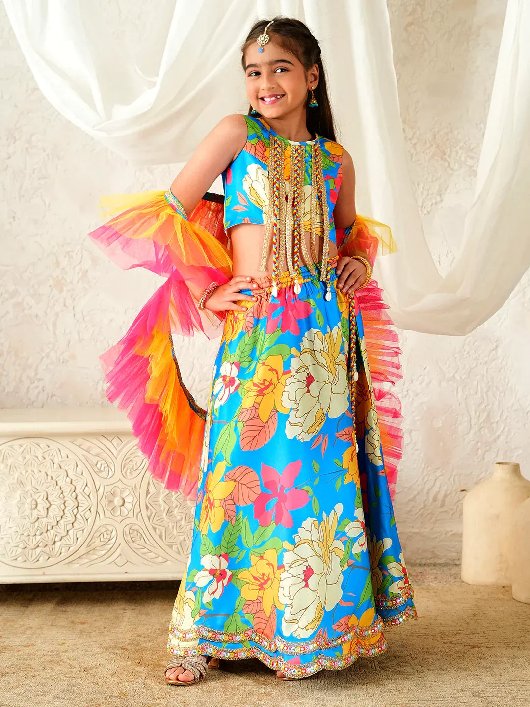 Girls Multi Ethnic Floral Print Satin Circular Lehenga & Choli With Dupatta