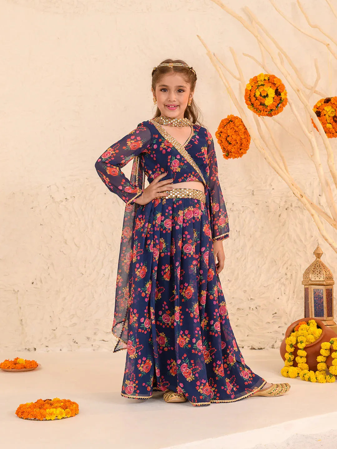 Girls Navy-Blue Ethnic Floral Print Georgette Circular Lehenga & Choli With Dupatta