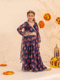 Girls Navy-Blue Ethnic Floral Print Georgette Circular Lehenga & Choli With Dupatta