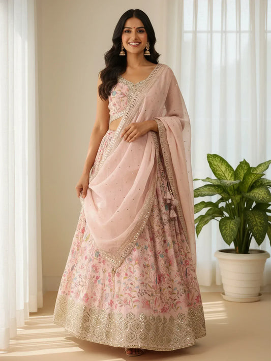 Gorgeous Peach Digital Printed Organza Sangeet Wear Lehenga Choli